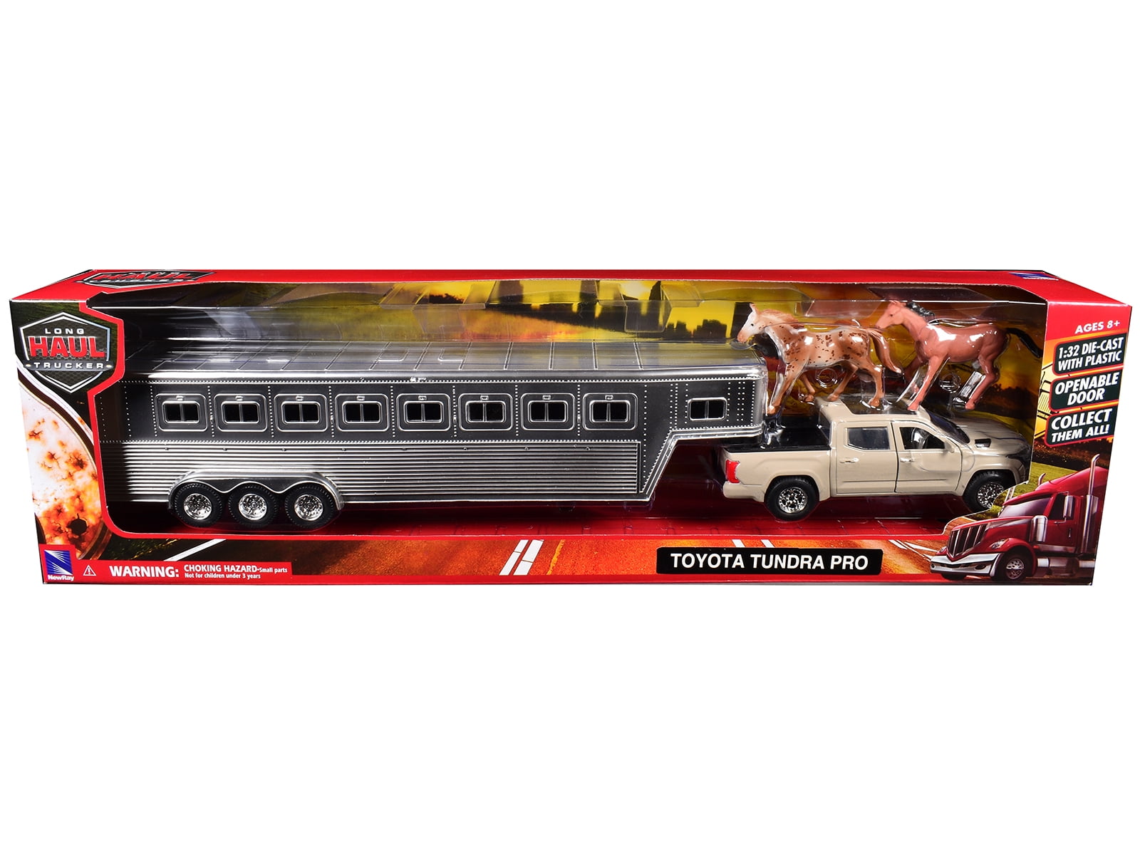 Toyota Tundra Pro Truck Beige with Trailer Chrome and Horse Figures "Long Haul Truckers" Series 1/32 Die Cast Model by New Ray