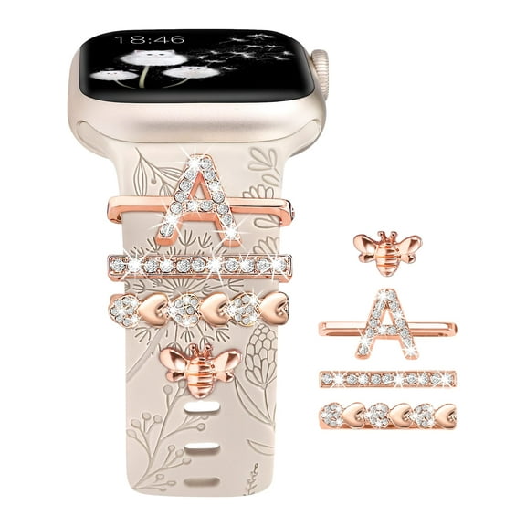 TOYOUTHS Decorative Ring Loop Compatible with Apple Watch Bands Charms (Band Included) 41mm 40mm 38mm 42mm 44mm 45mm 46mm 49mm,Floral Engraved Silicone Strap for iWatch Series SE/10/9/8/7/6/5/4/3/2/1