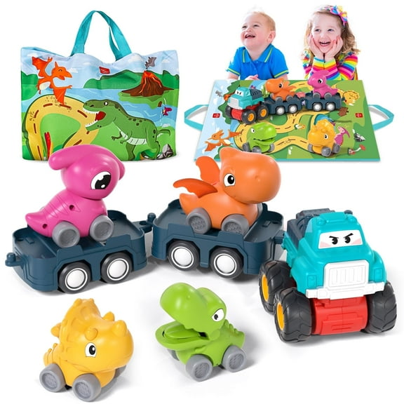 Toys for 1 2 3 Year Old Boy Girl, Toddler Toys, Dinosaur Toy Cars for Toddlers, Push and Go Toy Cars, Truck Trailer Cars Baby Toys, Friction Powered Truck Toy, Trailers Toy with Storage Bag