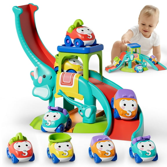 Toys for 1 2 3 Year Old Boy Girl, Toddler Toys, Toy Cars for Toddlers, 5 in 1 Elephant Slide & Parking with 4 Push and Go Toy Cars, Learning Educational Baby Toys for 1+ Year Old Birthday Gifts
