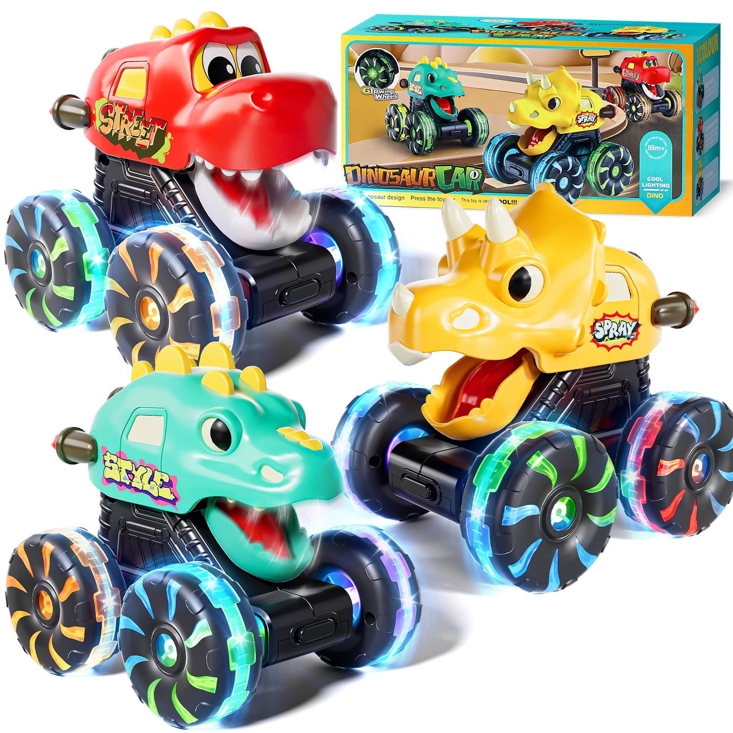 Toys for 1 2 3 Year Old Boys, Monster Truck for Toddler, Dinosaur Toy Cars with Cool Lightning Wheels For Toddlers 1-3, Press And Go Toy Cars, Pull Back Cars Baby Toys for 1+ Year Old Birthday Gifts
