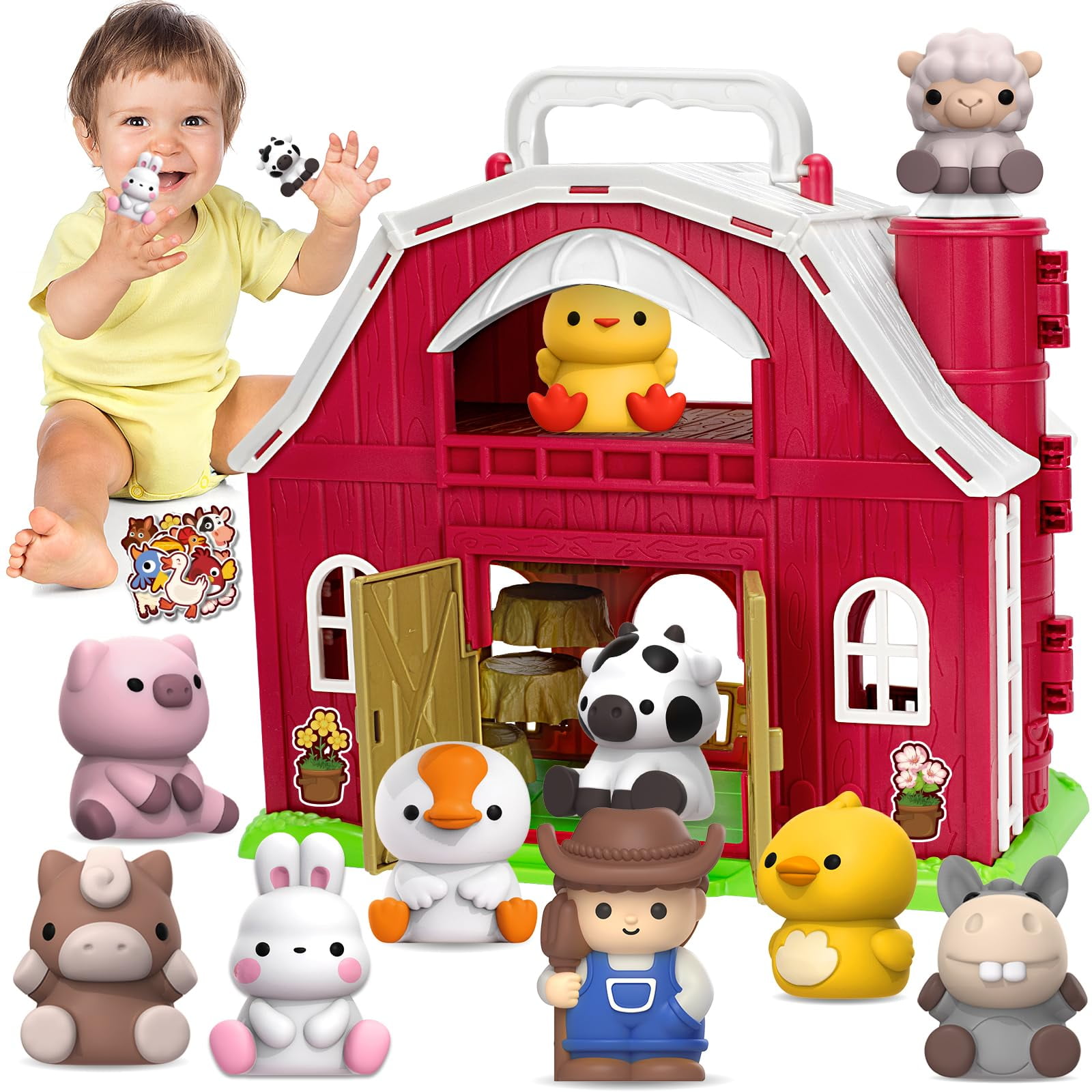 Toys For 1 2 3 Years Old Boys Girls, Big Red Barn Farm Animal Playset For Boys Girls, Learning Montessori Toys, Christmas Birthday Easter Gift For Baby Kids Toddlers Age 12-18 Months