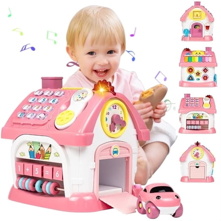 Toys for 1+ Year Old Girls, Montessori Toddlers Toys with Sound Lights Music Clock Telephone Car 8 in 1 Multi-Functional House, Early Educational Birthday Gift for Girls & Boys