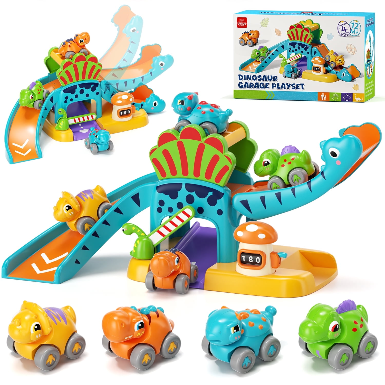 Toys for 1 Year Old, Toddler Toys, Dinosaur Toy Car for Toddlers, 5 in 1 Dinosaur Slide & Parking with 4 Push and Go Toy Cars, Learning Educational Toys for 1 2 3 Year Old Boys Girls Best Gifts