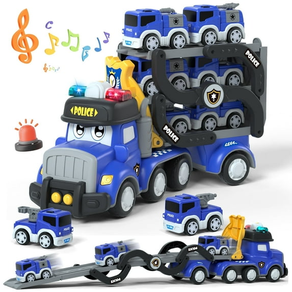 Toys for 2 Year Old Boy, 7 in 1 Toddler Truck Toys for 2 3 4 5 6 Year Old Boys, Police Truck with 6 Pull Back Cars, 3 Layer Transformable Carriage Set Birthday Gifts Toys for 2+ Year Old Boy