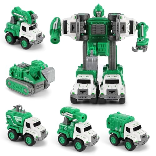 Toys for 3 4 5 6 Year Old Boys– 5-in-1 Detachable Construction Vehicles Set–Transform Robot Kids Toys Cars– Easy DIY Toys for Ages 5+ – Gifts for Boys Girls Birthday Christmas Easter