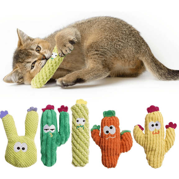 Toys for Indoor Cats, Handmade Soft Cactus Kitten Chew Toys with Natural Catnip, Interactive Cactus Toy for Anxiety Relief, Soft Cute Teething &Chew Toys, 5 PC