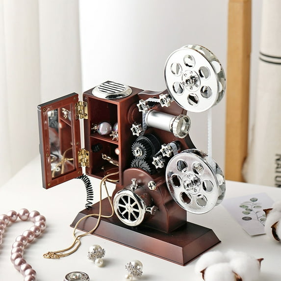 Toys for Kids Ages 4-8 Antique Music Box Vintage Movie Film Projector Model Jewelry Storage Case with Make-Up Mirror Photo Prop Home Decor Music Case Desktop Ornaments Birthday Gift