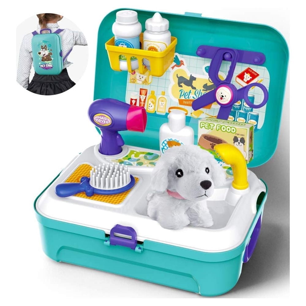 Kids Vet Accessories Dog Grooming Kit, Pet Care Play Set with Dog