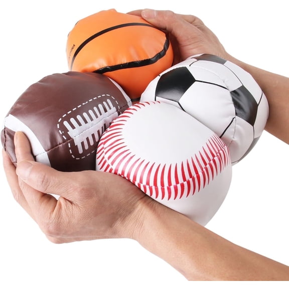 Toys+ Plush Sports Balls Set for Kids, 5 Inch, 4-Pack with Football, Baseball, Basketball, Soccer