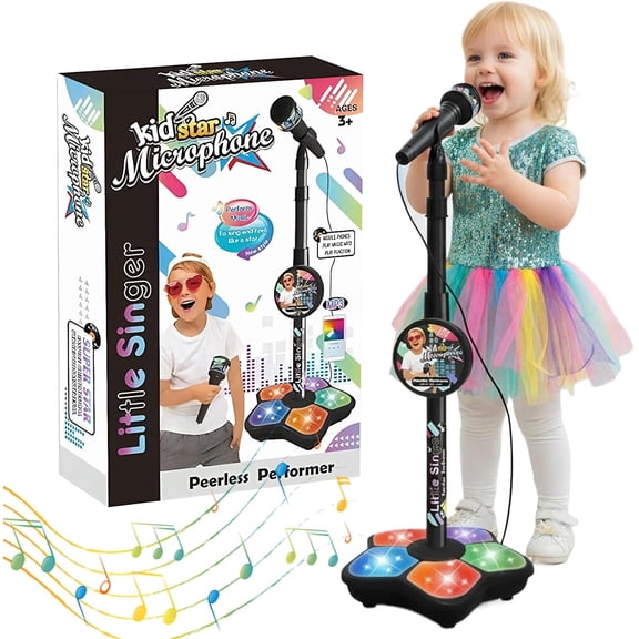 Toys Star Microphone, 2026 New The All-in-One Microphone Toy with Stand Adjustable, Colorful Lights & Speaker, Childs Karaoke Machine, Portable Karaoke Machine for Students (Black)