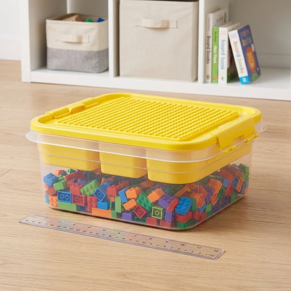 Toys Storage Organizer Bins for Lego – Building Blocks Storage with Building Baseplate Lid, Stackable Plastic Organizer Bin Toy Chest with Play Surface