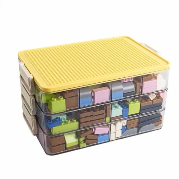 Toys Storage Organizer Bins for Lego, Stackable Toys Organizer, Lego Building Block Storage, Toy Storage Box with 24 Palace Grids, Plastic Stackable Organizer Bins (Yellow 3layers)