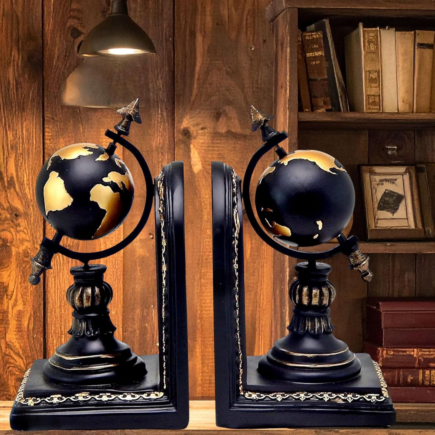 Vintage  Bookend Set - Armillary Sphere Decorative Shelf Supports, Heavy Duty Resin Book Ends for Home Office Study Room, Black and Gold Finish, Pair of 2