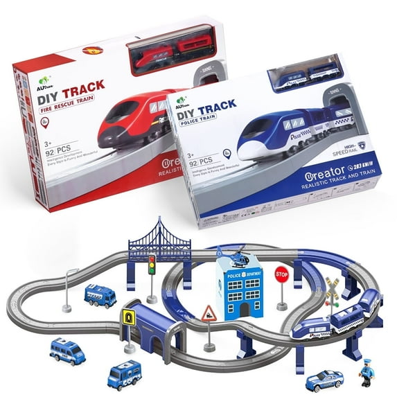 Toys Train Set for Kids, HDJ 92PCS Race Track Set for Boys Christmas Train Birthday Gift,Police Toy with Cars, Copter(Blue)