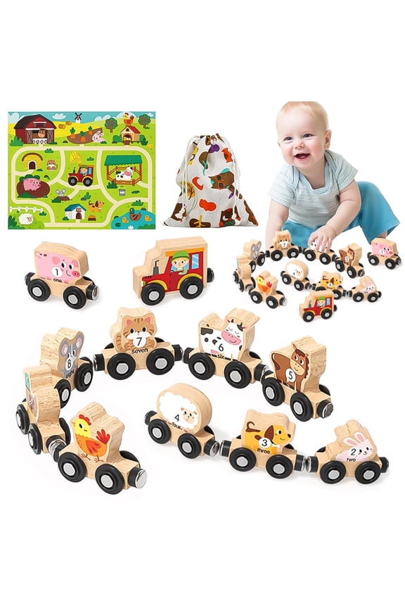 Toys for 1 2 3 Year Old Girls Boys,Wooden Farm Animals Train Set,Toddler Educational Toy,Montessori Learning Toys Ages 1-3