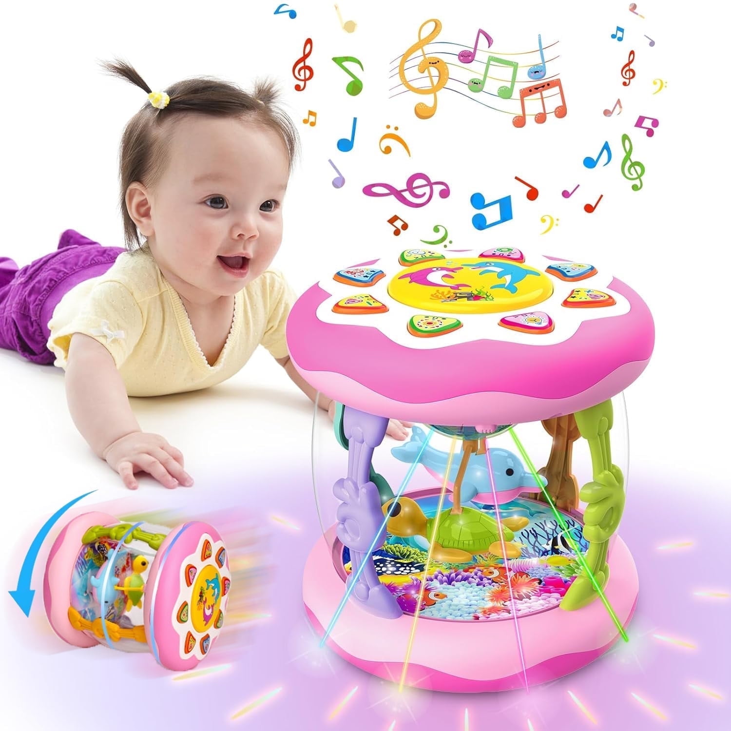 Toys for 1 Year Old Baby Girls, Ocean Rotating Light Up Musical Toy for Toddlers 1-3, Learning Toys for 1 2 3 Year Old Girls Boys (Pink)