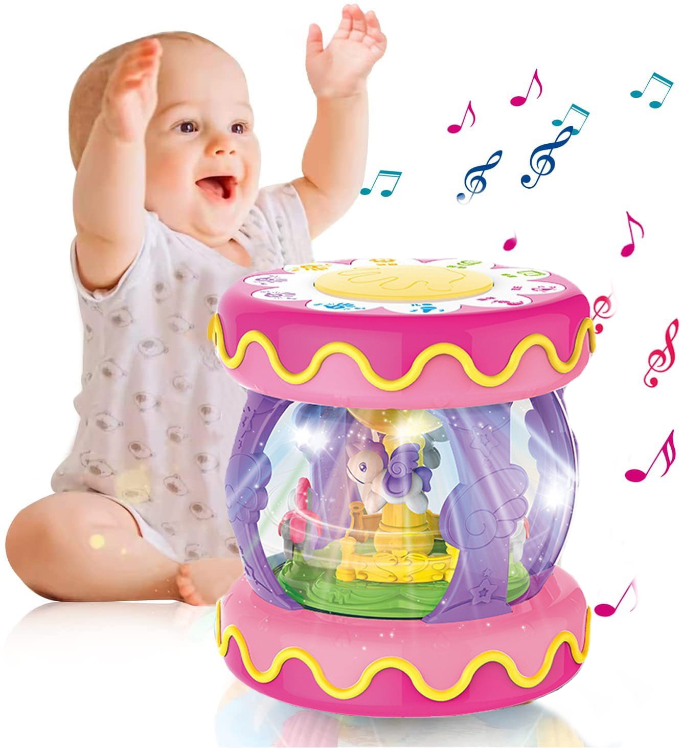 Toys for 1 Year Old Girls, Baby Toys 612 Months, Rotating Light up Musical Drum Toys Gift for