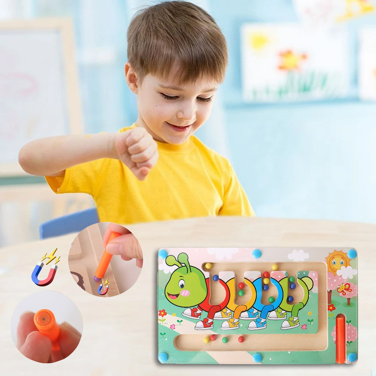 Toys for 2-4 Ages, Wooden Kids Toddlers Pleasure Magnetic Bead Pen Maze ...