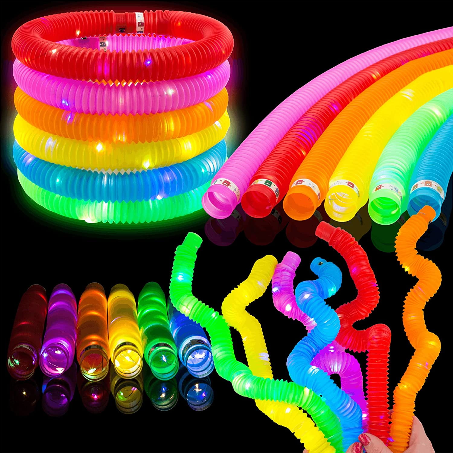 Toysery 24 Piece Light up Pop Tubes. Glow in The Dark Tubes for Kids. Fun Stretchy Toy Kids and