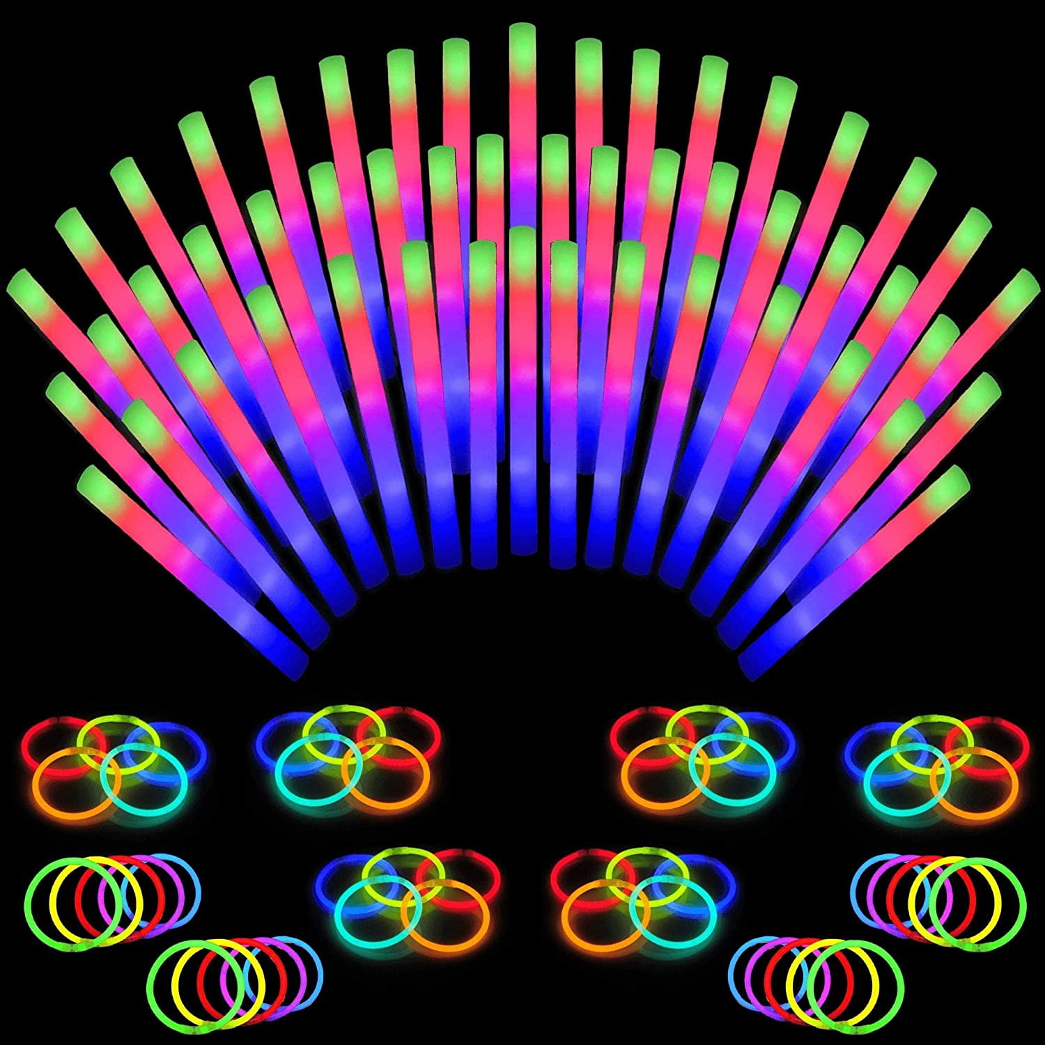 LED Light Sticks Glow Sticks Bulk ,100 Pack 18 inch Multi Color Foam Baton Foam  Glow Sticks with 3 Modes Glow Sticks Party Pack for Kids, Raves, Birthday,  Wedding 