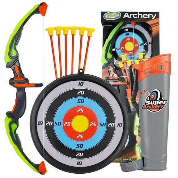 Toysery Green Kids Archery Bow and Arrow Toy Set with Target, Quiver, LED Bow and Arrow set for kids