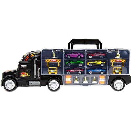 Toysery Transport Car Carrier Truck Toy for Kids with 6 Alloy Cars and 28 Slots - Long Truck Toy for Boys, Girls & Children - 20" Long