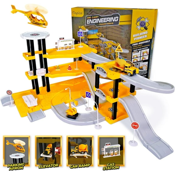 Toysical Construction Playset - Complete Parking Garage Toy Playset with Vehicles, Helicopter, Mini Figures, Road Setup, Floor Map - Construction Toys for Boys and Girls - Boys Toys Age 4-6