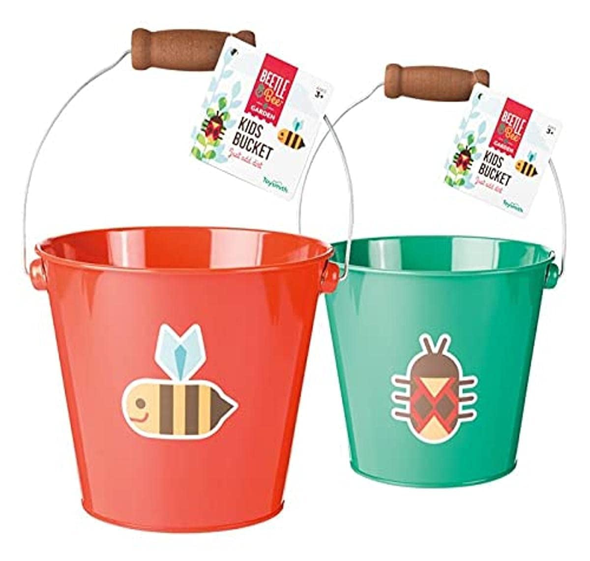 Red Metal Kids Gardening and Beach Bucket with Wooden Handle
