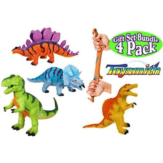Toysmith Dinosaur Squishimals Blue, Green, Orange & Yellow Complete Gift Set Bundle - 4 Pack