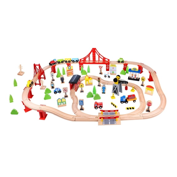 Toyster's Wooden Train Set, 100-Piece Model Train Set, Kid-Friendly Material, Non-Toxic Paint