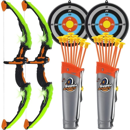 Toyvelt Bow and Arrow Set for Kids -Light Up Archery Toy Set -Includes 6 Suction Cup Arrows, Target & Quiver - Green 2 Pack