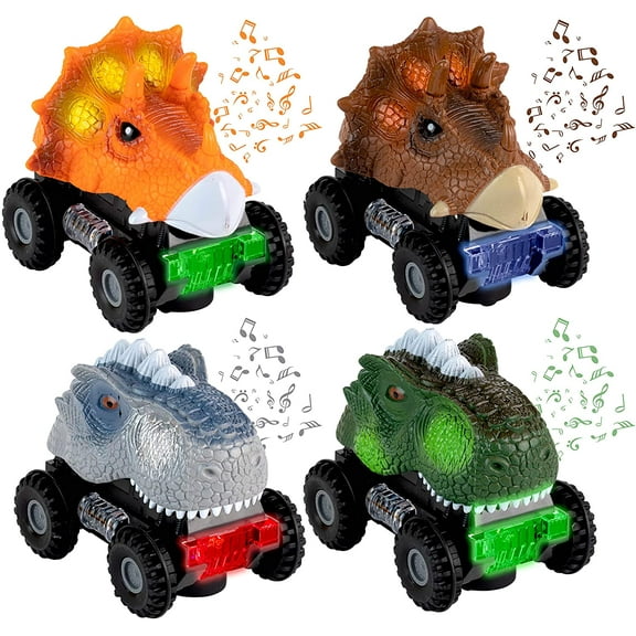 Toyvelt Dinosaur Pull Back Cars Toys - 4-Pack Colorful Dinosaur Car Toy Mini Pullback Vehicles with Big Tires - Great Present for Kids Toddlers Boys and Girls Ages 3, 4 -12 Year Old