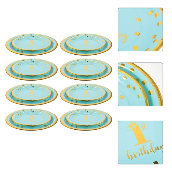 Toyvian 16Pcs Blue Birthday Dessert Plates For Cake And Foods Party Supplies