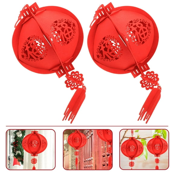 Toyvian 2Pcs Felt Lanterns Lunar New Year Red Color Hanging Decor for Wall Window Curtain