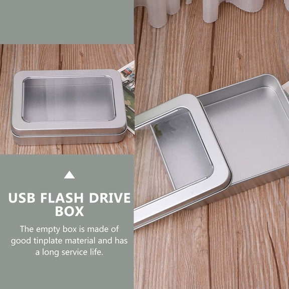 Toyvian 4Pcs Tinplate USB Flash Storage Organizer Box Silver Metal Window Case