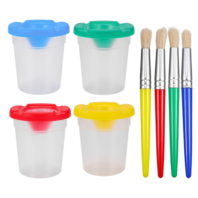 Toyvian 4pcs No Spill Paint Cups and 4pcs Painting Brushes Assorted Color Kids Painting Kit for Art Party School Classes, Size: 20x12x8CM