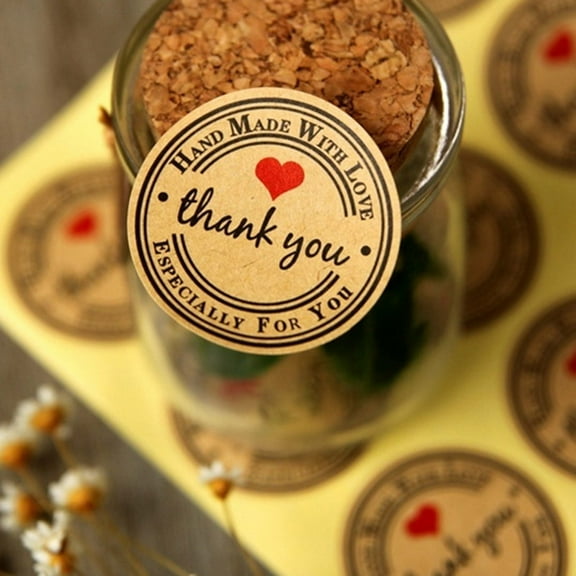 Toyvian 500Pcs Handmade with Love Kraft Paper Stickers Roll Decorative Label for Candy Bags