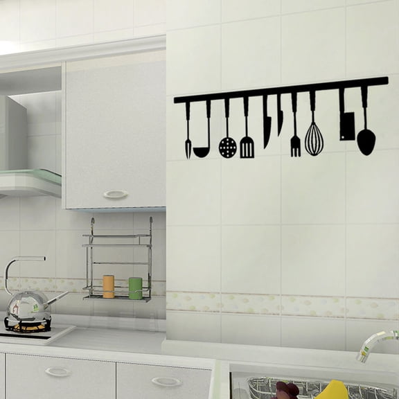 Toyvian PVC Black Wall Mural Decal with Cutlery Design for Kitchen and Restaurant Walls