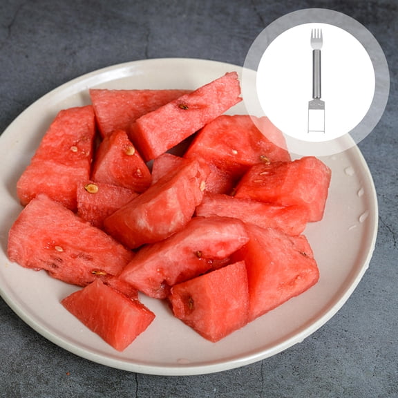 Toyvian Stainless Steel Watermelon Slicer and Fork 2-in-1 Melon Cutting Tool for Home Use Portable Plated Silver
