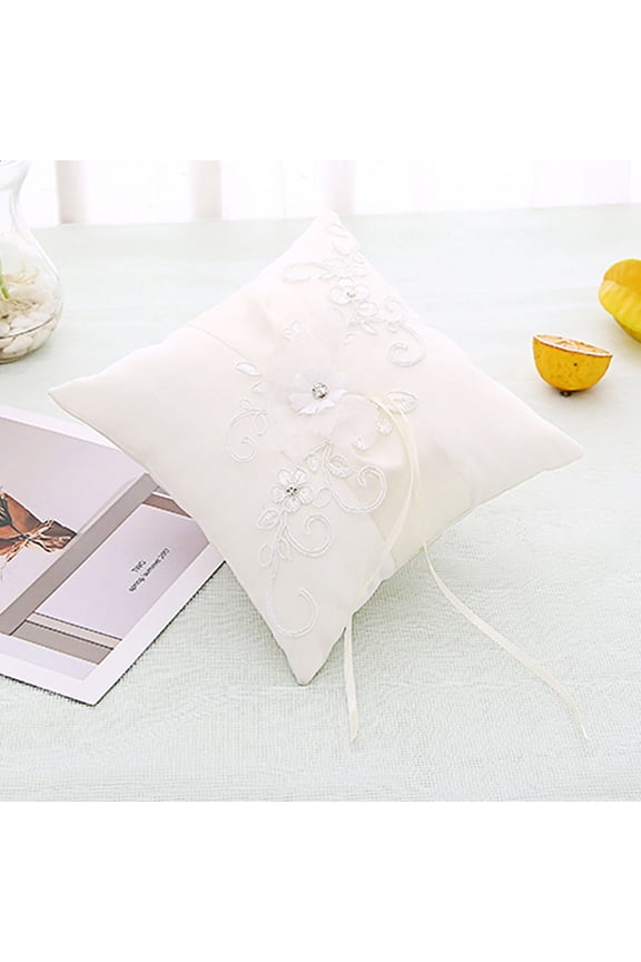 Compact White Ring Pillow for Wedding Ceremony with Decorative Flowers and Ribbons