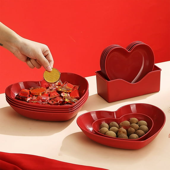Tozuoyouz 5 Pcs Heart Shaped Plates Red Heart Shaped Dinner Plates Dinnerware Dishes For Valentine Wedding Fruits Candy Dessert Kitchen Cooking Gift Red A