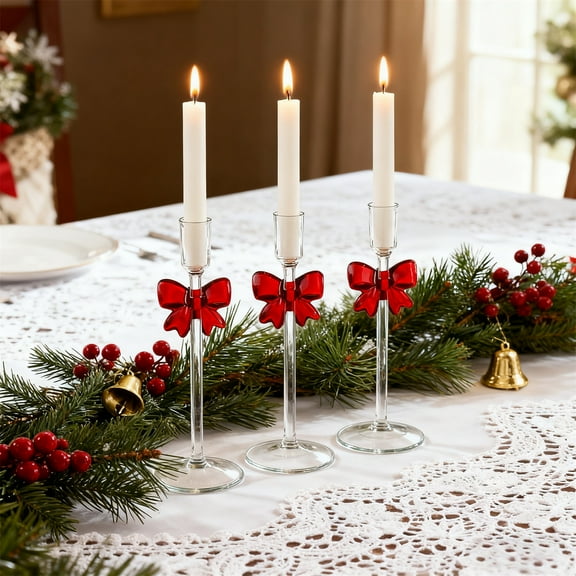 Tozuoyouz Christmas Decorations Indoor,2Pack Tall Glass Christmas Tree Candlestick Holders With Red Bow For Home Decor, Taper Candle Holders Table Centerpieces For Xmas Wedding Party Mantel Decor
