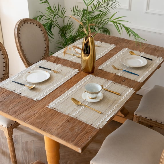 Tozuoyouz Cloth Placemats Linen Placemat Set Of 4, Boho Place Mats Modern 13" X 18" Rectangle Fabric Fringed Place Mats Macrame Farmhouse Cloth Placemat For Indoors & Outdoors Dining Table Khaki