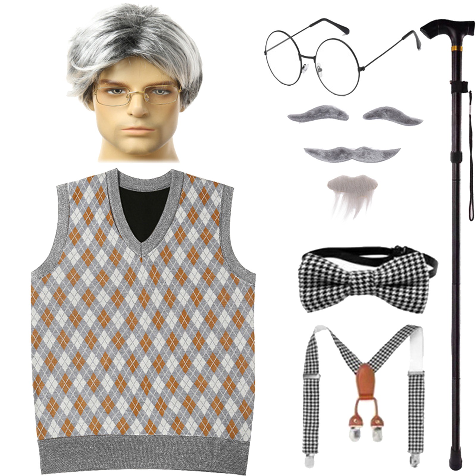 Old Man Costume Set For Kids - 5-Piece Grandpa Outfit With Cane, Glasses, Mustache & Suspenders For 100 Days Of School