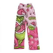 TPLVBZ FAMILY Tplvbz Womens Flannel Grinch Christmas Pajama Pants Holiday Elastic Waist Cute Grinch Fuzzy Pajama Pants Relaxed Fit Winter Christmas Wide Leg Grinch Pj Pants Purple Pink XXL