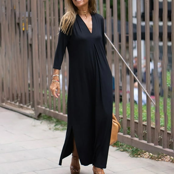 Tponi Beach Dresses For Women Maxi Long V-Neck Tab Long Sleeve Black Women Dresses Clearance Under $10 M