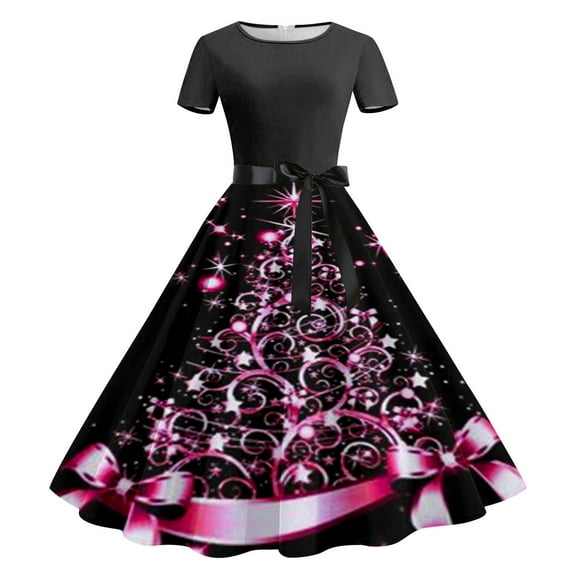 Tponi Casual Christmas Dresses For Women Fit & Flare Knee Length Crew Neck Tab Short Sleeve Hot Pink Womens Dresses Clearance M