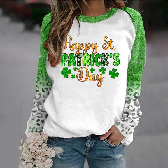 Tponi Casual Shamrock St. Patrick'S Day Gift Tee Crew Neck Top Long Sleeve Shamrock Multicolor Womens Graphic Tshirts XXL