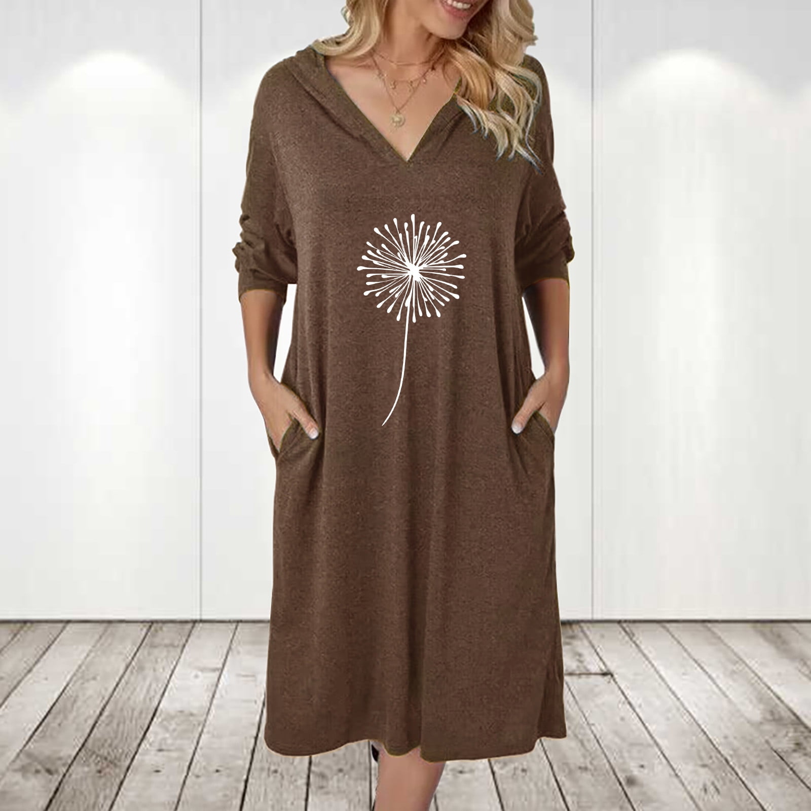 Tponi Casual Winter Dresses For Women ALine Regular VNeck Tab Long